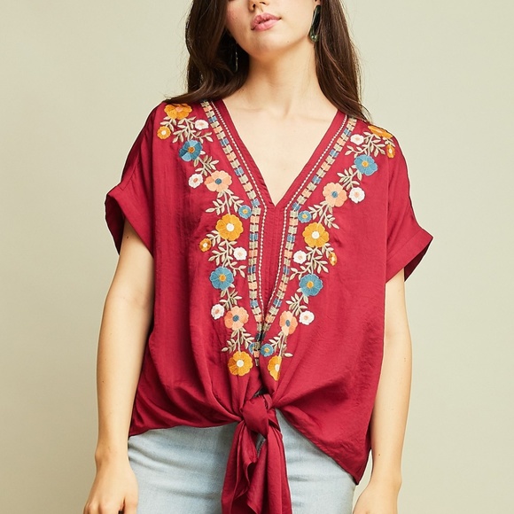 entro Tops | Entro Embroidered Vneck Short Sleeve Blouse Wine | Poshmark